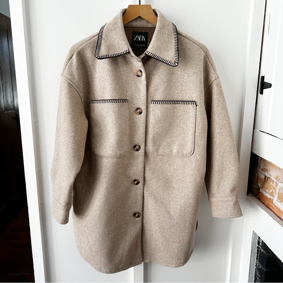 ZARA tan Whipstitch Embroidered Longline Collared Shirt Jacket - Picture 2 of 6